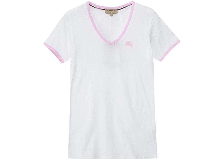 T-shirt Burberry pour femme, col V, monogramme brodé EKD, blanc/rose