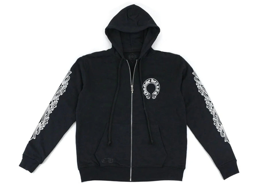 Sweat à capuche zippé Chrome Hearts Horseshoe Floral à manches croisées, noir et blanc