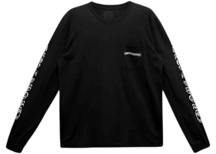 T-shirt noir à manches longues avec poche et logo Chrome Hearts Scroll, manches longues.