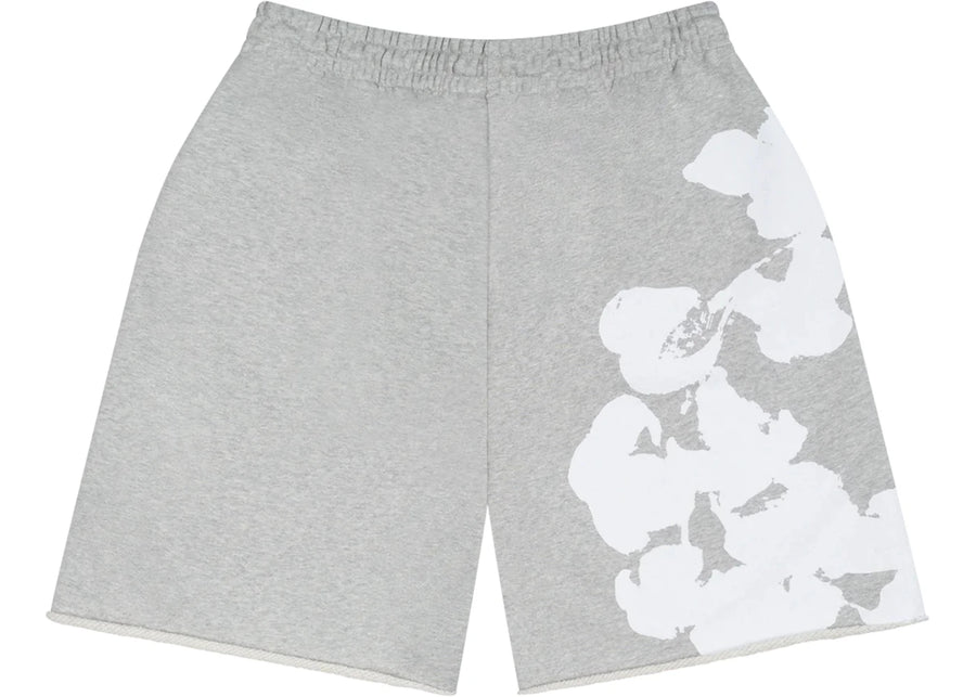 Short de survêtement gris à motif de grandes fleurs de coton et déchirures de denim