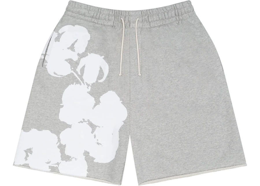 Short de survêtement gris à motif de grandes fleurs de coton et déchirures de denim