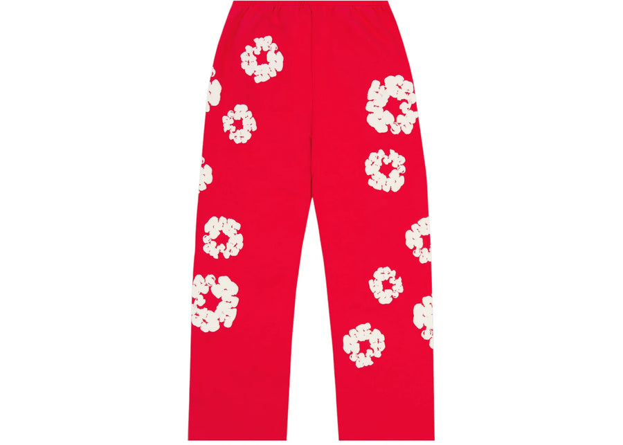 Pantalon de survêtement ample en coton avec couronne et déchirures de denim rouge