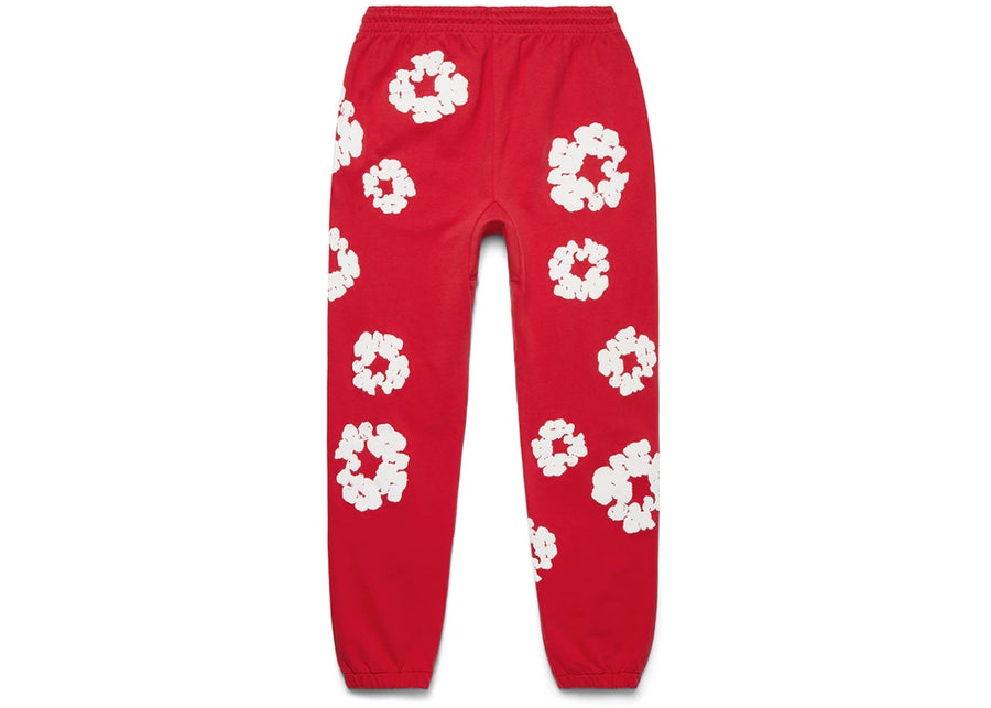 Pantalon de survêtement rouge à motif de fleurs de denim déchirées et de couronne en coton