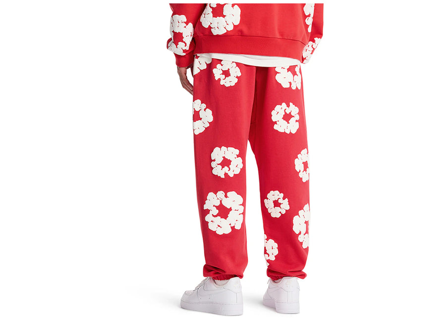 Pantalon de survêtement rouge à motif de fleurs de denim déchirées et de couronne en coton