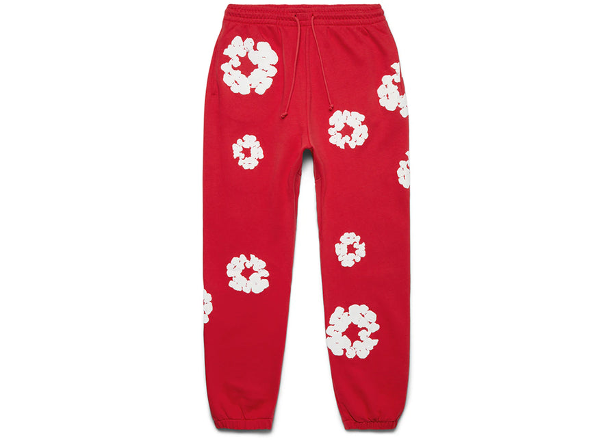 Pantalon de survêtement rouge à motif de fleurs de denim déchirées et de couronne en coton