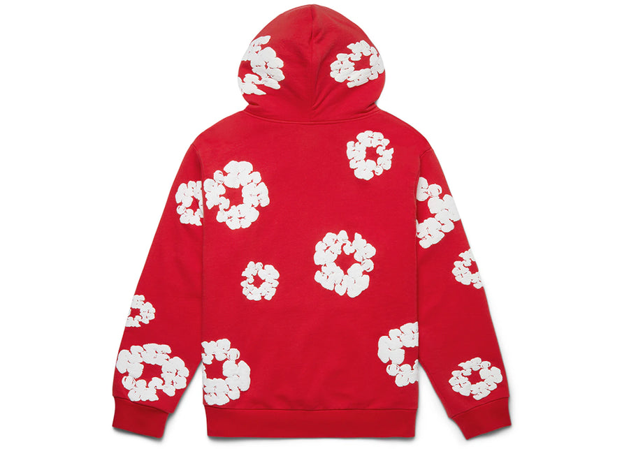 Sweat-shirt rouge à motif couronne en coton et déchirures de denim