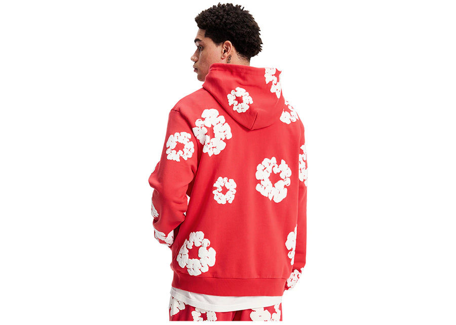 Sweat-shirt rouge à motif couronne en coton et déchirures de denim
