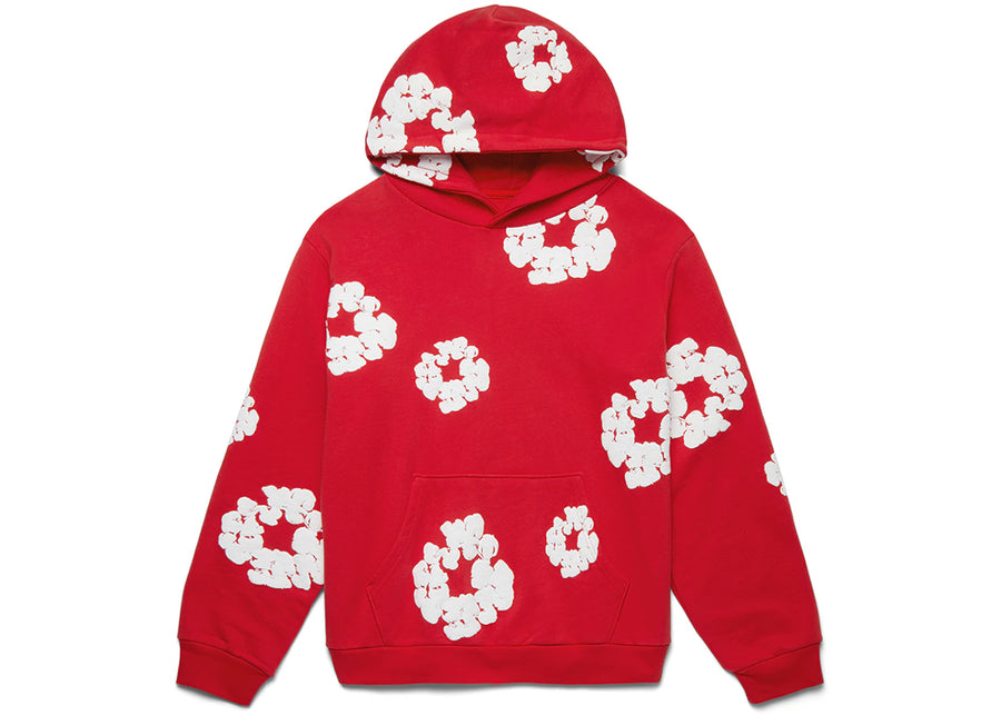 Sweat-shirt rouge à motif couronne en coton et déchirures de denim