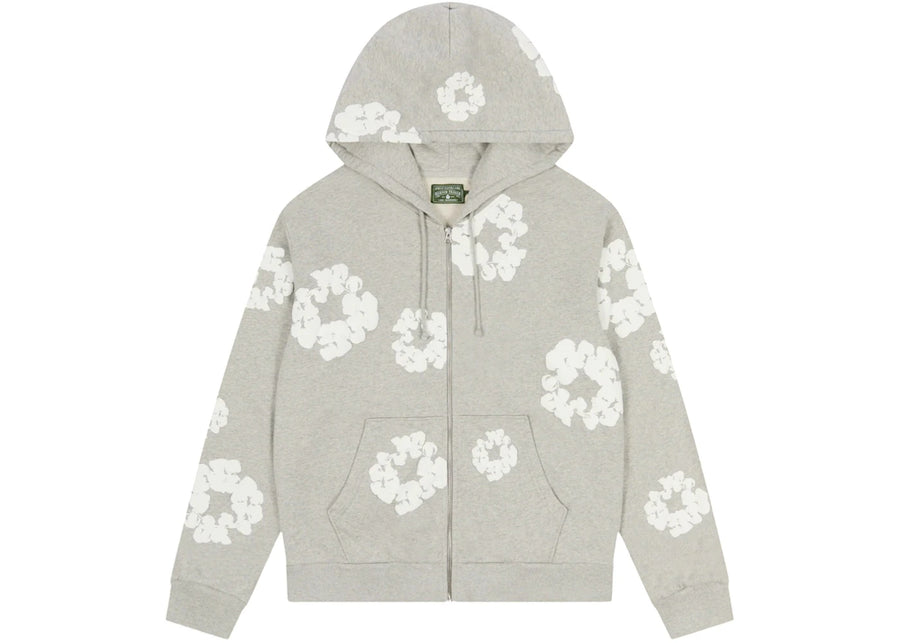 Sweat à capuche zippé en coton gris Denim Tears Cotton Wreath, motif couronne.