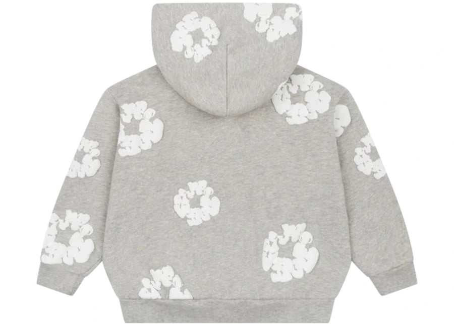 Sweat à capuche zippé en coton Denim Tears Kids, gris, avec couronne.