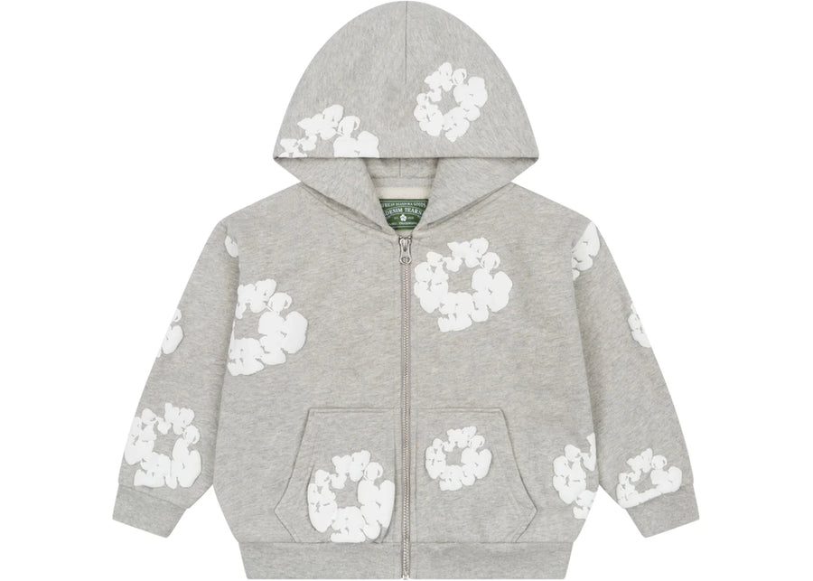 Sweat à capuche zippé en coton Denim Tears Kids, gris, avec couronne.