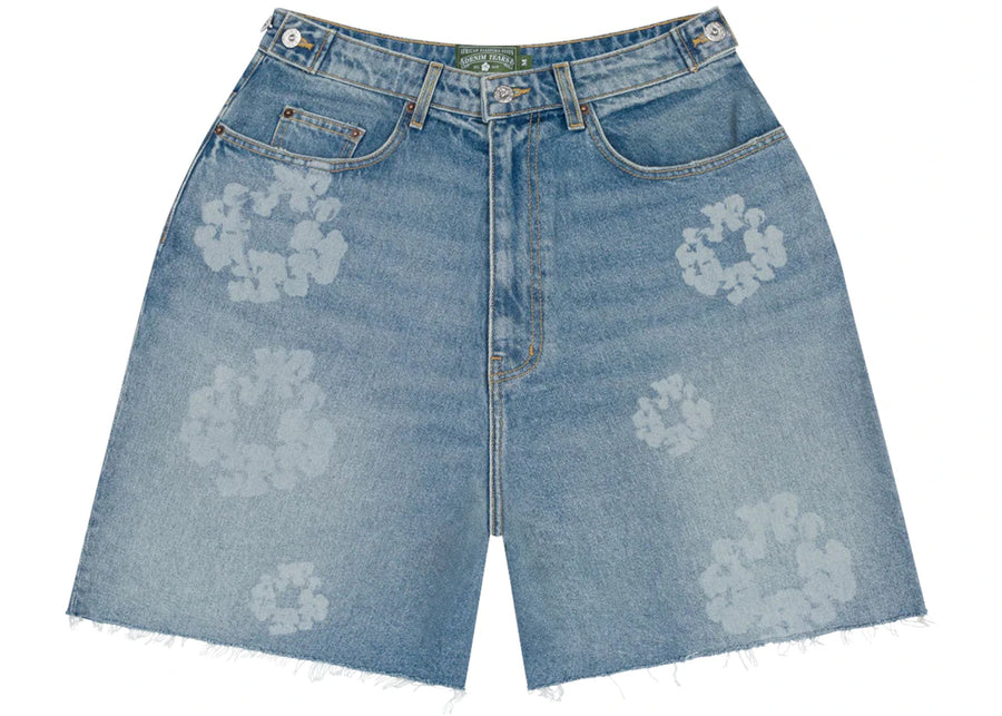 Short en jean bleu avec motif laser « Larmes de denim »