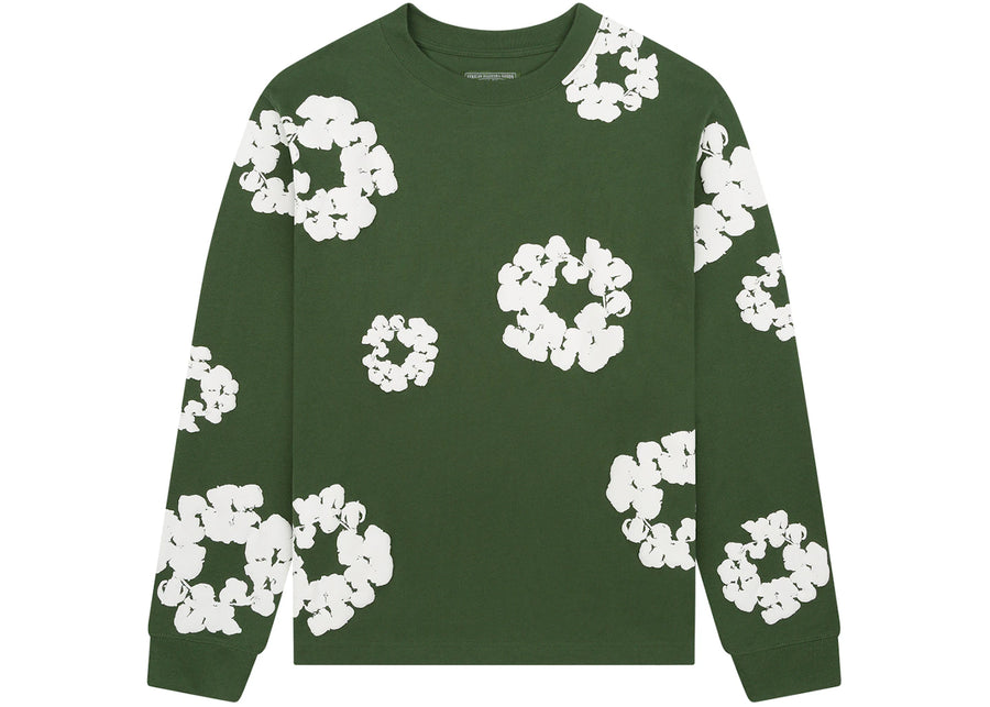 T-shirt vert à manches longues en coton avec motif couronne de fleurs et déchirures de denim