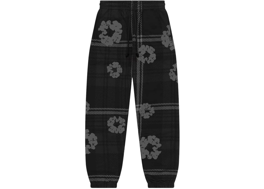 Pantalon de survêtement noir à carreaux en coton et imprimé couronne en denim déchiré