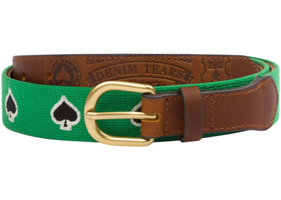Ceinture Denim Tears x Stussy Spade à broderie au point de croix, verte/marron