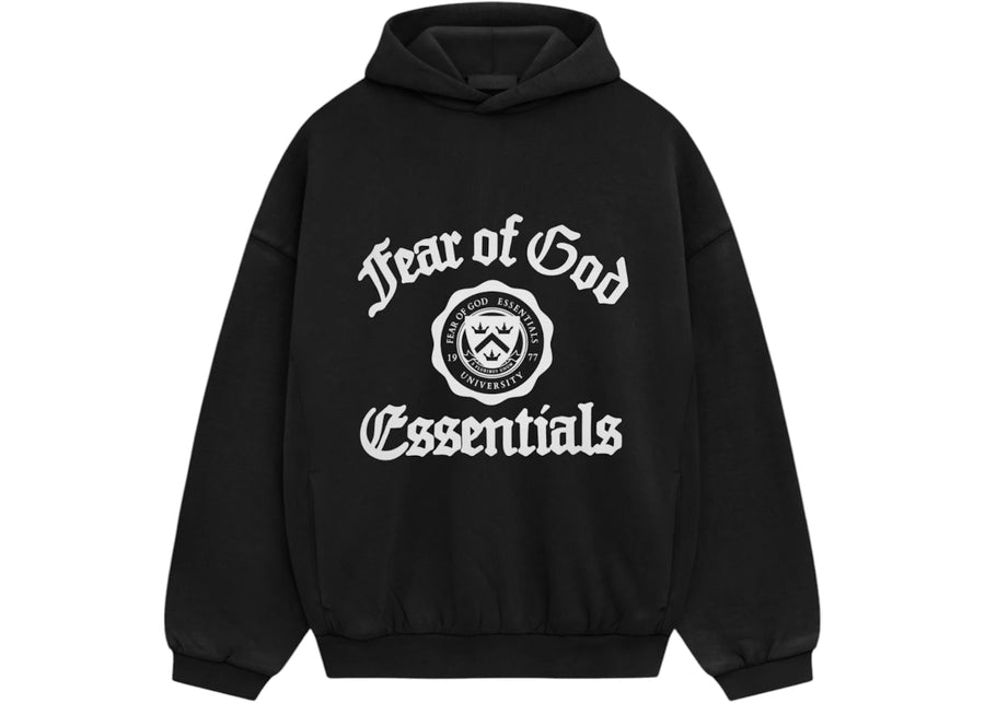 Sweat à capuche noir Fear of God Essentials en polaire épaisse, coupe vintage.