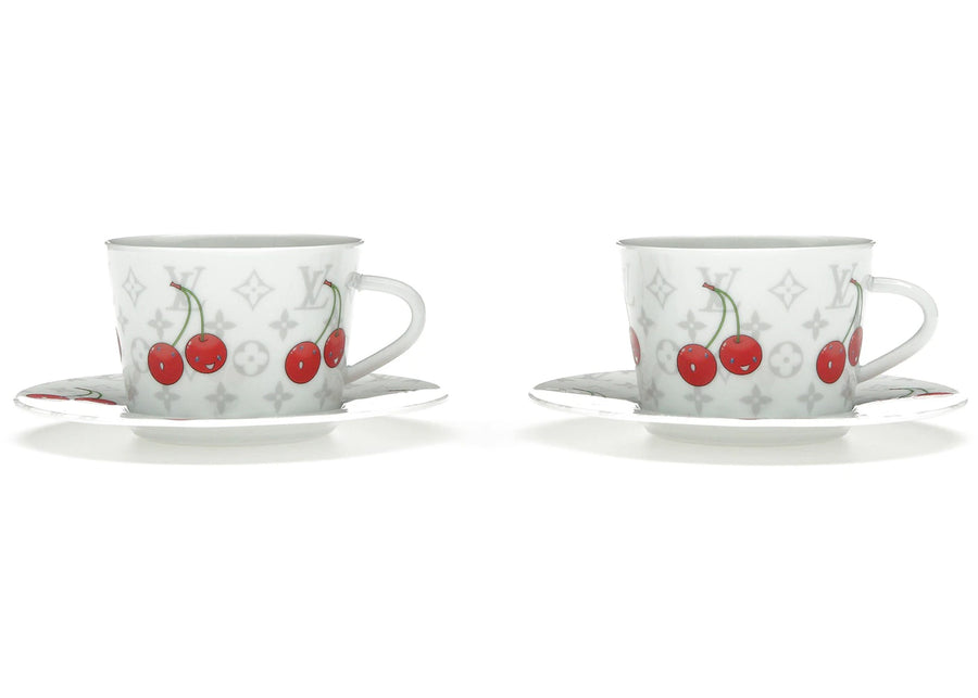 Ensemble de 2 tasses et soucoupes à café Louis Vuitton x Takashi Murakami, motif cerise et monogramme blanc