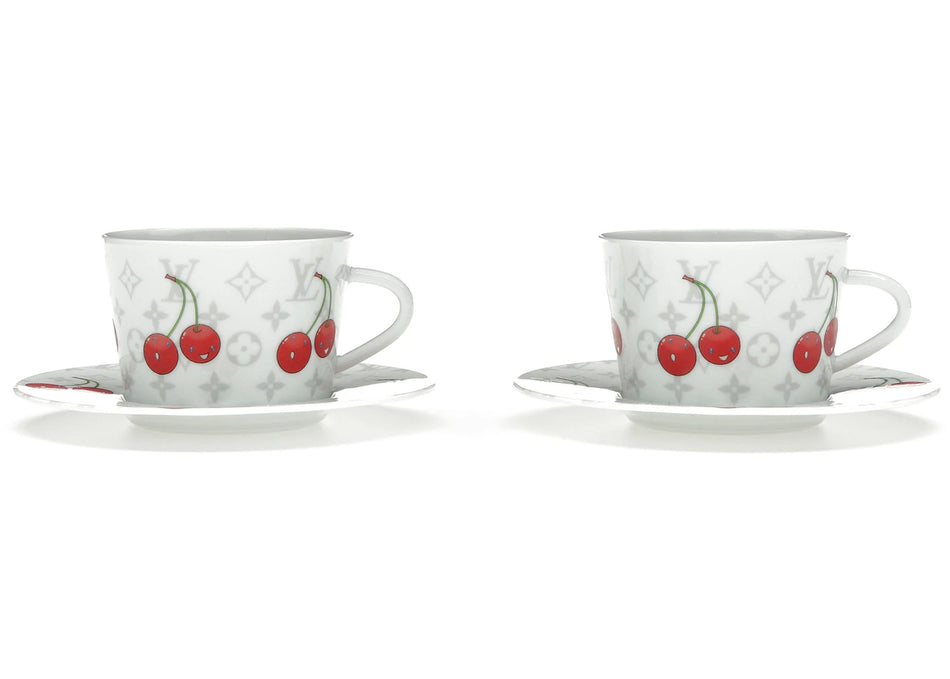 Louis Vuitton x Takashi Murakami Set of 2 Cherry Coffee Cups and Saucers White Monogram