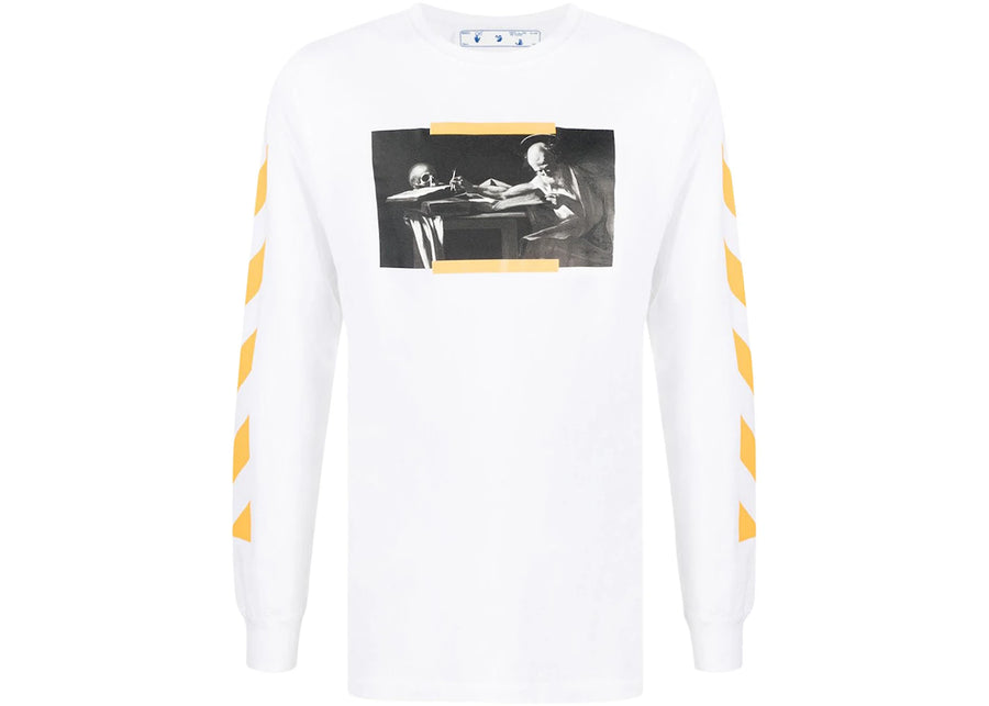 T-shirt à manches longues OFF-WHITE Caravaggio Saint Jérôme, imprimé écriture, blanc/jaune/noir