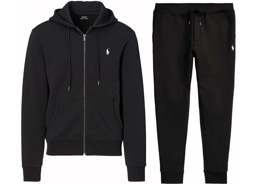 Ensemble Polo Ralph Lauren : sweat à capuche zippé en maille double et pantalon de jogging en maille double, noir.