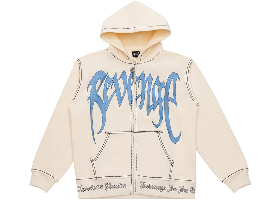 Sweat à capuche zippé Revenge Contrast brodé crème/bleu