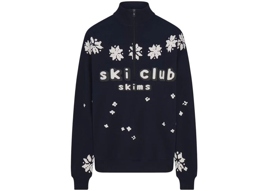 SKIMS x Cactus Plant Flea Market - Haut oversize zippé 1/4 en molleton de coton à imprimé Ski Club, bleu marine