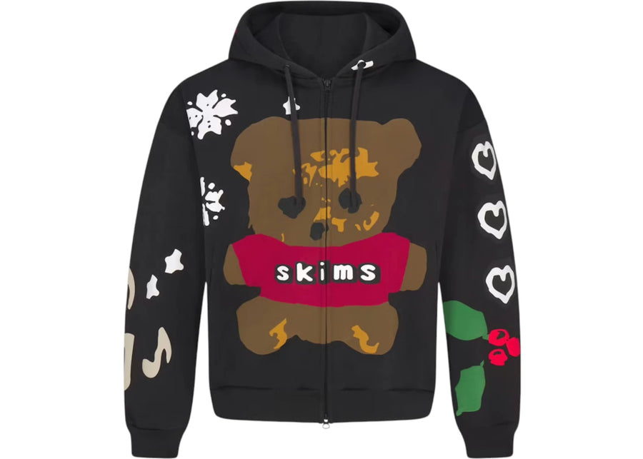 SKIMS x Cactus Plant Flea Market, polaire épaisse à capuche zippée pour homme, imprimé ours en peluche onyx.