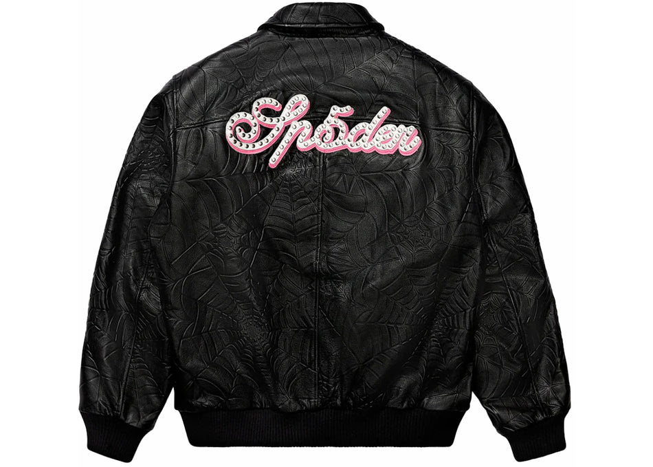 Sp5der Debossed Web Leather Jacket Black