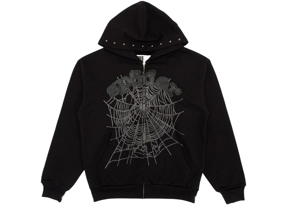 Sp5der OG Web Studded Zip Hoodie Black