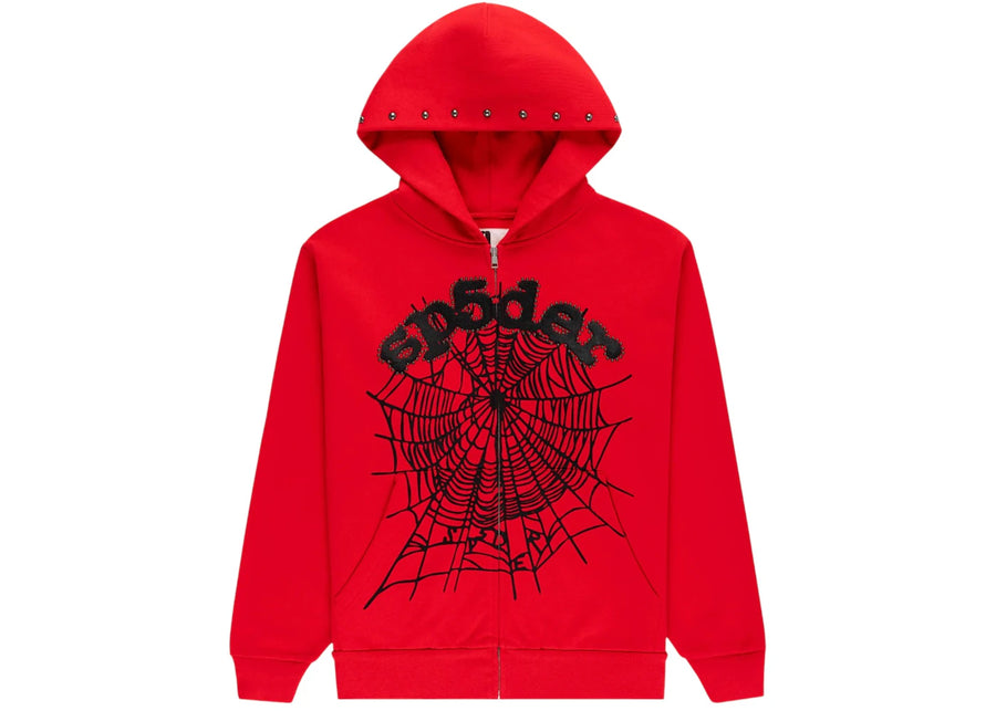 Sweat à capuche zippé rouge Sp5der OG Web Studded