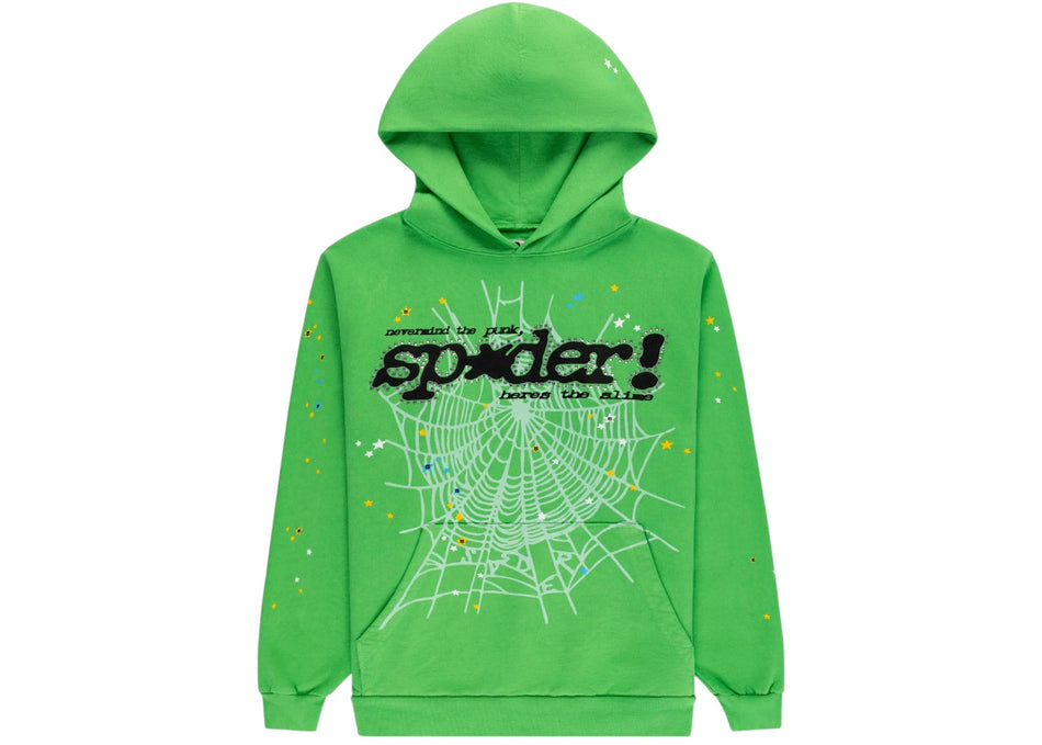 Sp5der Punk V2 Rhinestone Hoodie Bright Green