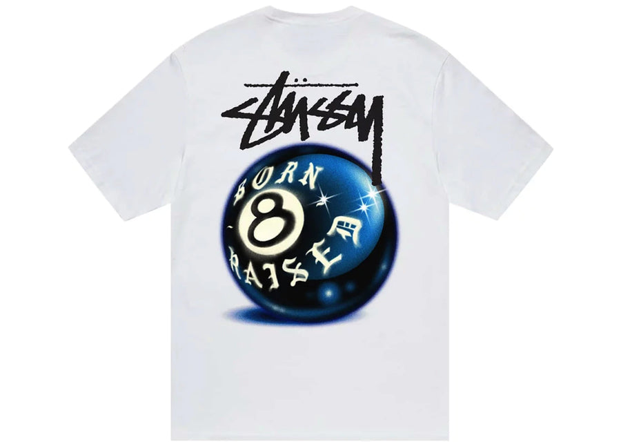 T-shirt Stussy Born X Raised 8 Ball blanc