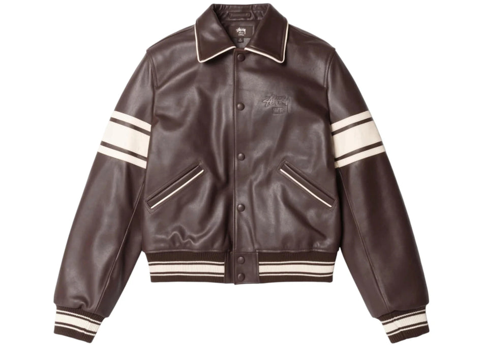 Stussy x Wales Bonner Leather Varsity Jacket Brown