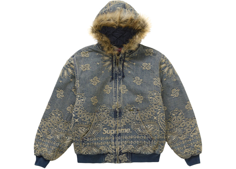 Veste de travail à capuche en denim jacquard bandana bleu Supreme