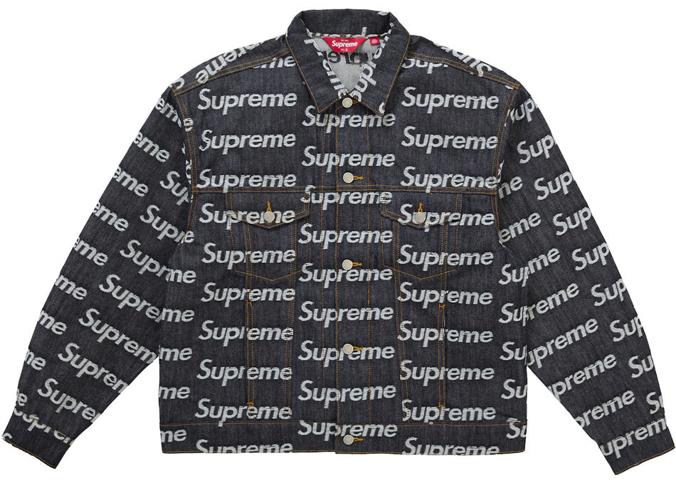 Supreme Jacquard Logos Denim Trucker Jacket Rigid Indigo