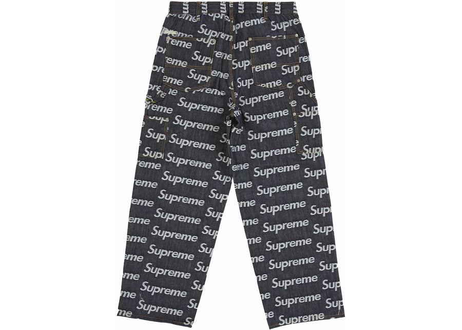 Jean de peintre en denim rigide indigo Supreme Jacquard Logos Double Knee