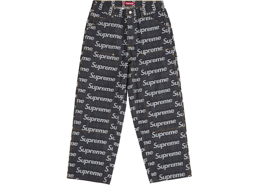 Jean de peintre en denim rigide indigo Supreme Jacquard Logos Double Knee