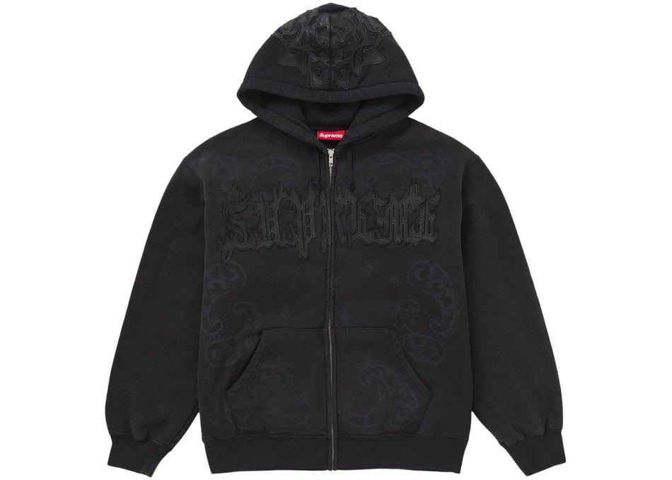 Supreme Leather Applique Zip Up Hooded Sweatshirt Black
