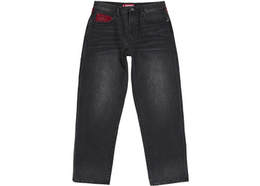 Jean Supreme Leopard en fausse fourrure, coupe ample, noir délavé