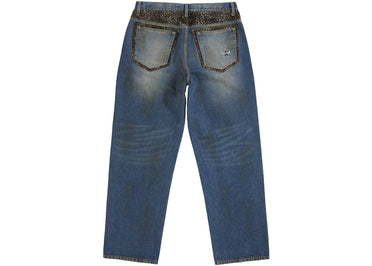 Jean Supreme Leopard en fausse fourrure, coupe ample, indigo délavé