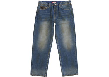 Jean Supreme Leopard en fausse fourrure, coupe ample, indigo délavé