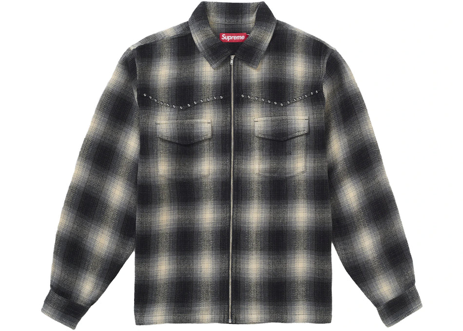 Supreme Studded Shadow Plaid Zip Up Shirt Black