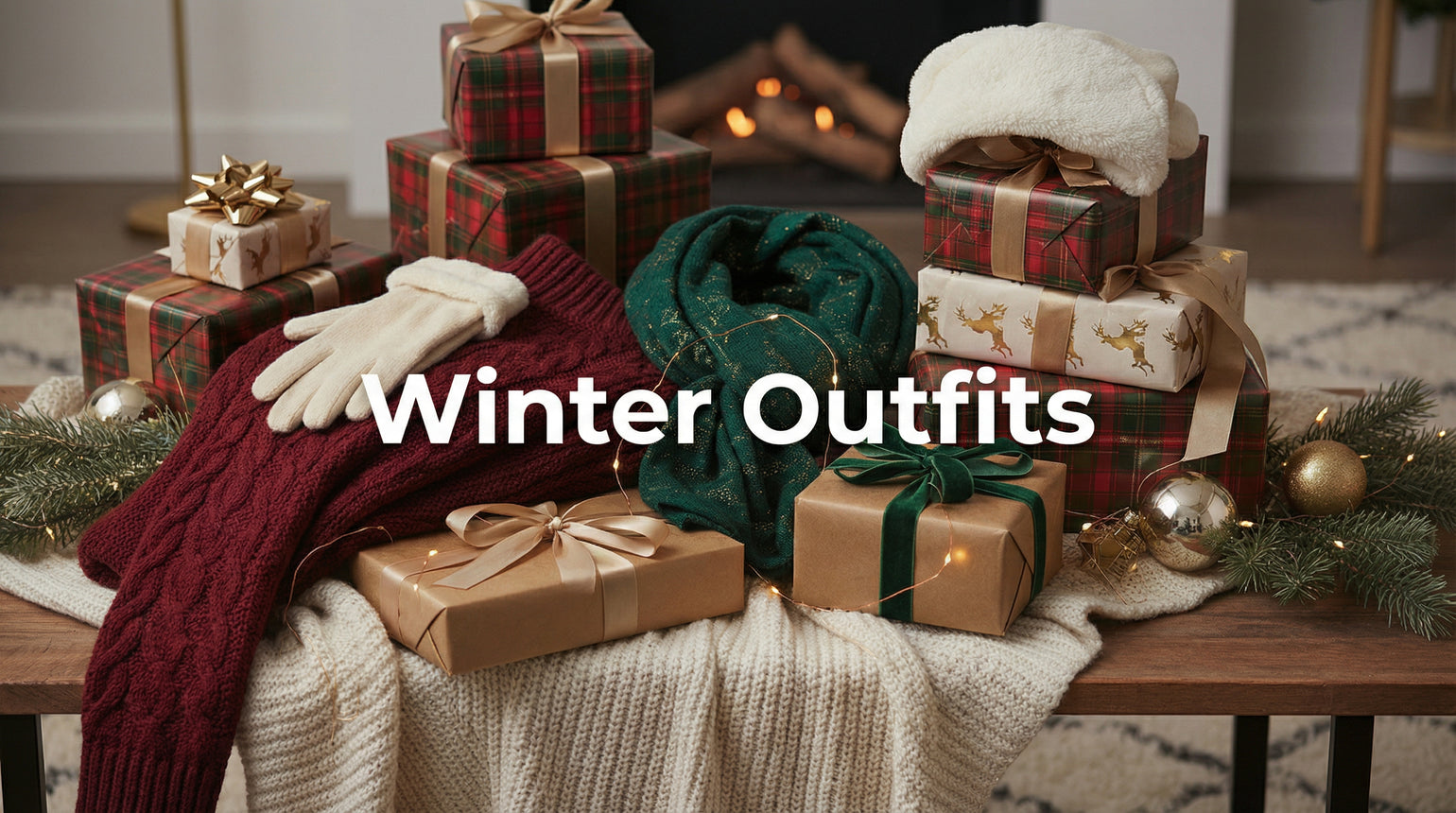 Winter Outfits, ein Tisch mit vielen Geschenken, Handschuhen, Schaals und Sweater