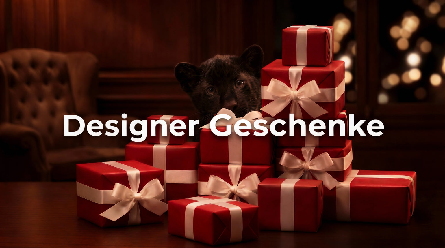 Designer Geschenke, ein Panther hinter rot eingepackten Geschenken auf einem braunen Tisch
