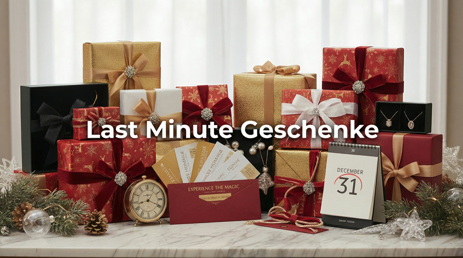 Last Minute Geschenke, viele bunte Geschenke und ein Kalender stehen auf einem Marmortisch