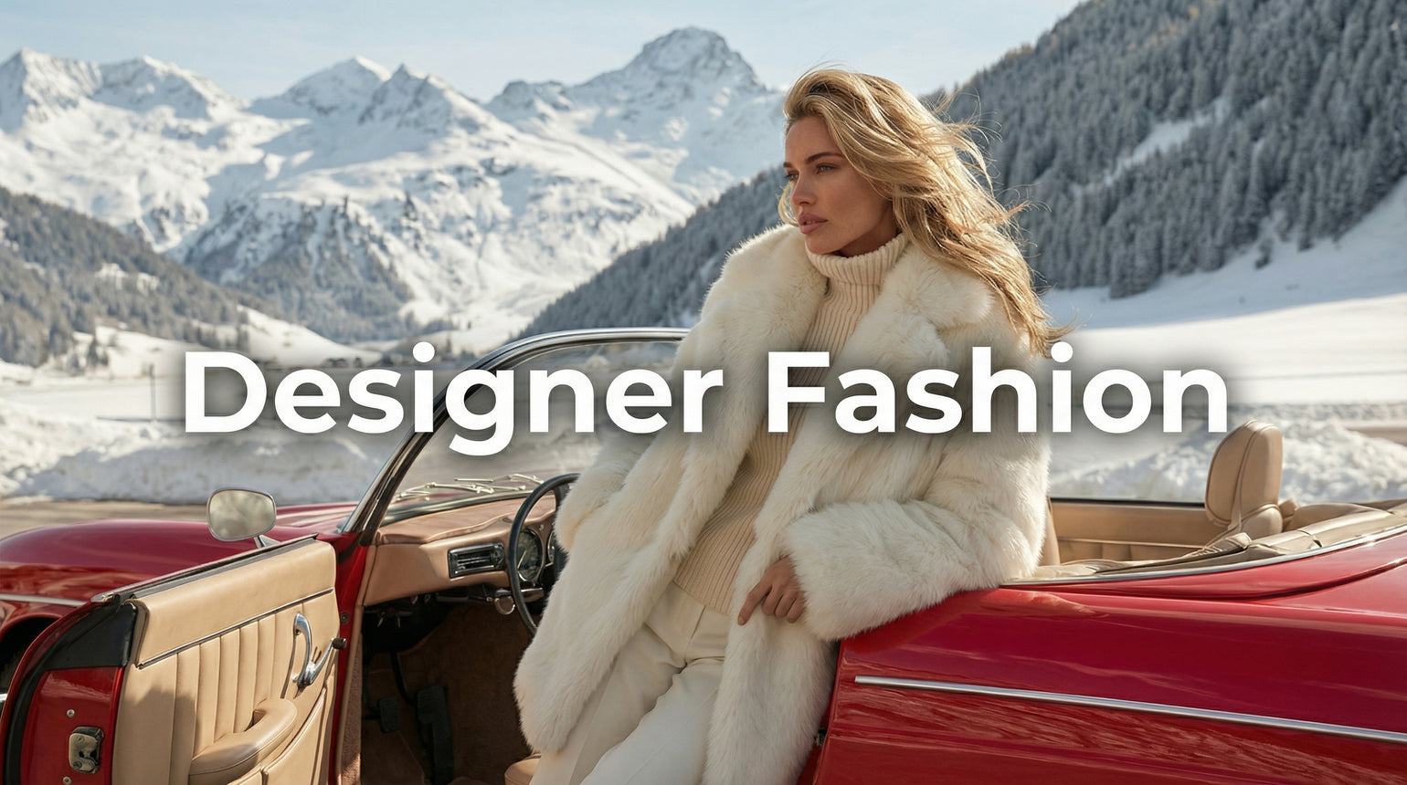 Designer Fashion, Frau lehnend auf einem roten Oldtimer in weißem Outfit vor einer schneebedeckten Berglandschaft