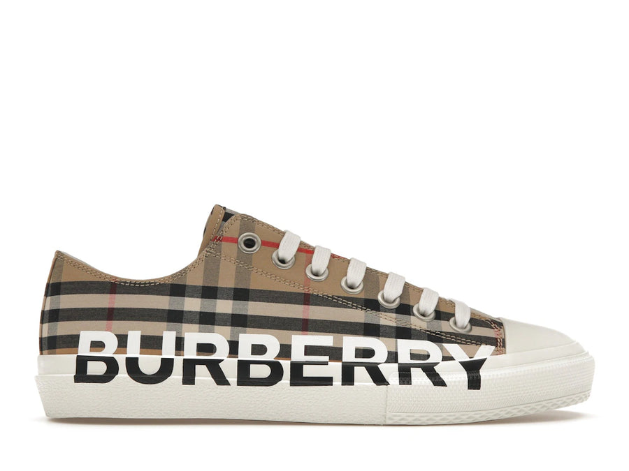 Baskets en coton à carreaux vintage imprimé logo Burberry, beige Archive (Femme)