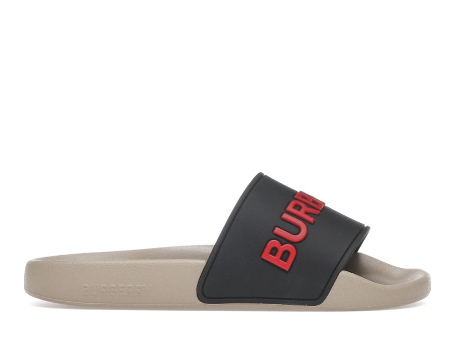 Mules Burberry à logo en relief, noires, rouges et beiges (Femme)