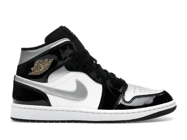 Jordan 1 Mid SE Patent Black White Metallic Silver Metallic Gold