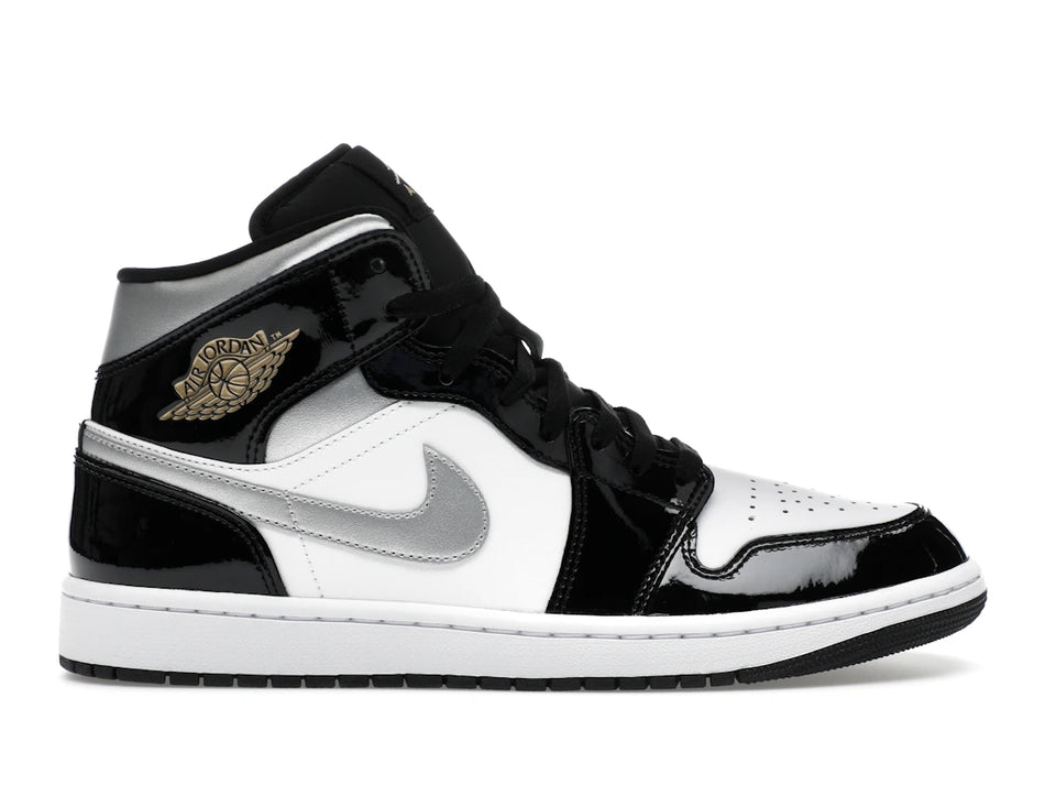 Jordan 1 Mid SE Patent Black White Metallic Silver Metallic Gold